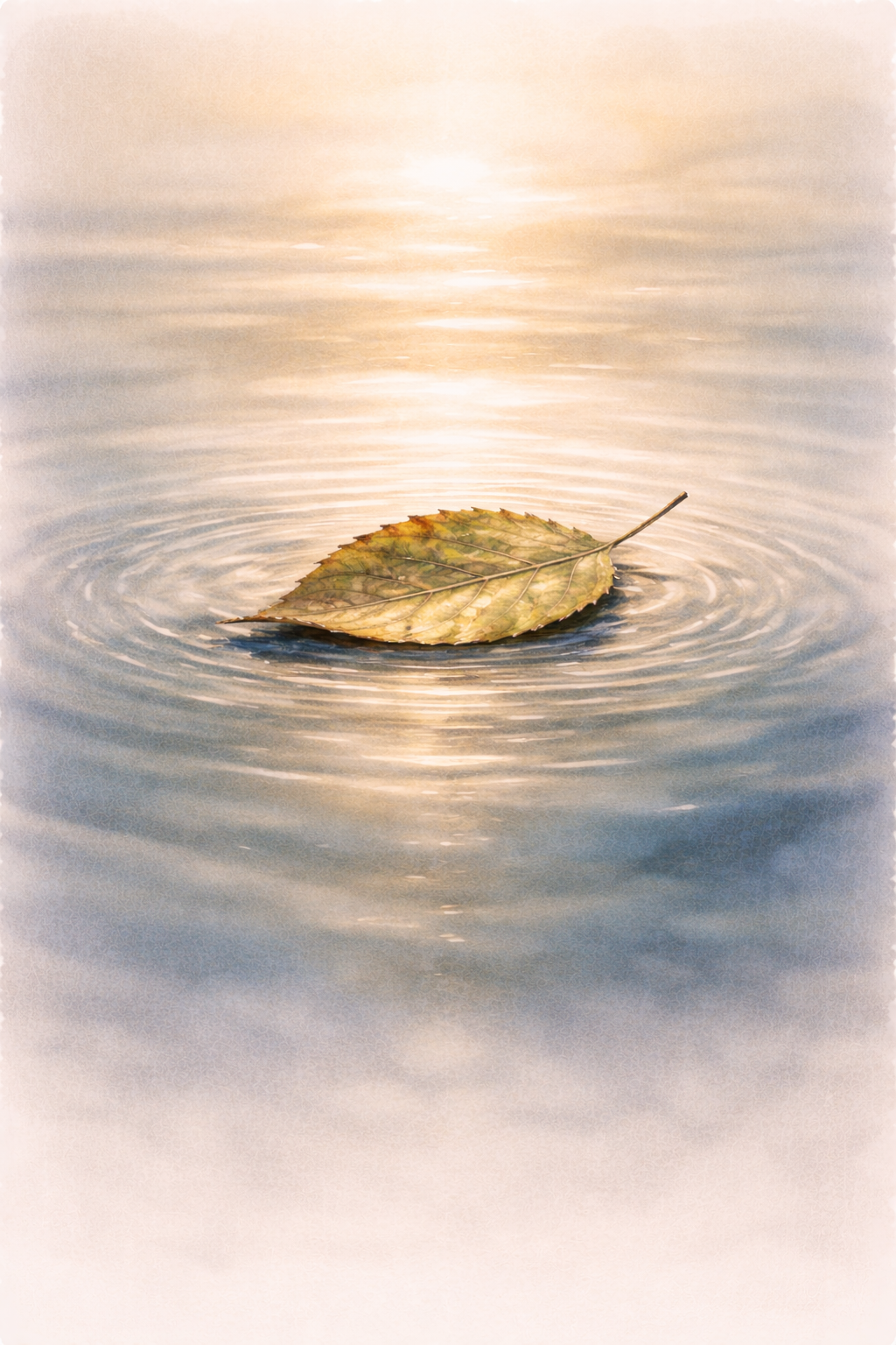 Ein einzelnes Blatt auf ruhigem Wasser, feine Wellenringe darum
