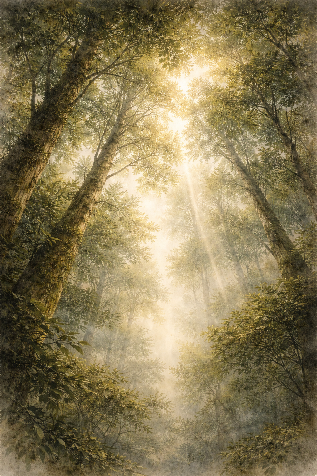 Blick in eine Baumkrone; Licht fällt durch Blätter und Nebel