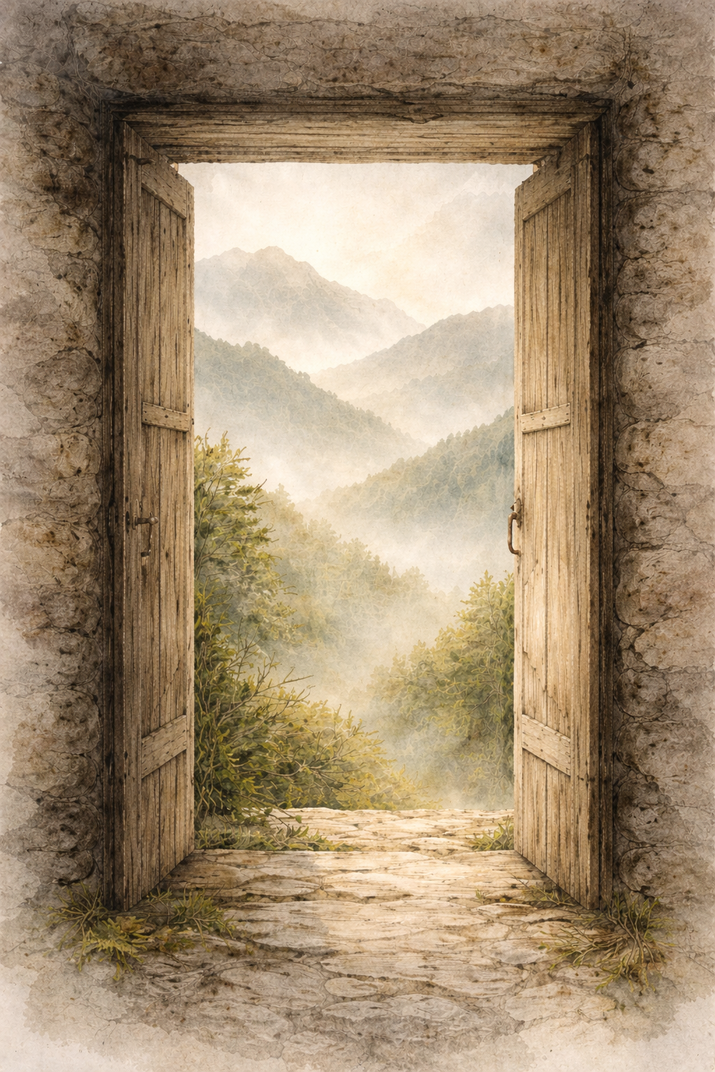 Eine offene Tür, dahinter Berge im Morgenlicht